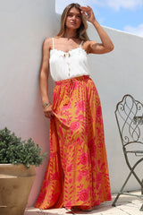 Zia Maxi Skirt - High Waisted Skirt with Tassel Waist Tie and Front Splits in Betsey Print