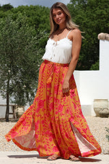Zia Maxi Skirt - High Waisted Skirt with Tassel Waist Tie and Front Splits in Betsey Print