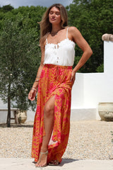 Zia Maxi Skirt - High Waisted Skirt with Tassel Waist Tie and Front Splits in Betsey Print