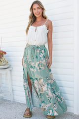 Zia Maxi Skirt - High Waisted Skirt with Tassel Waist Tie and Front Splits in Emerson Print