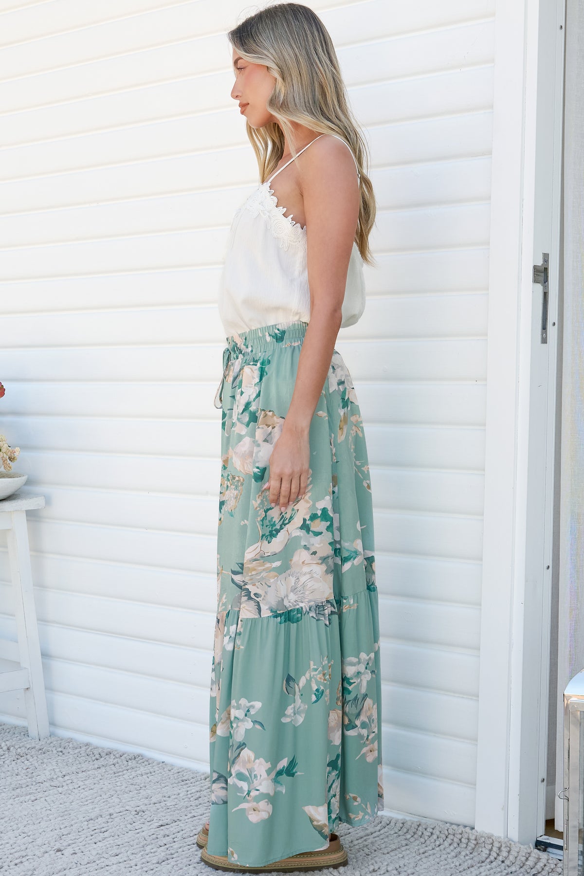 Zia Maxi Skirt - High Waisted Skirt with Tassel Waist Tie and Front Splits in Emerson Print