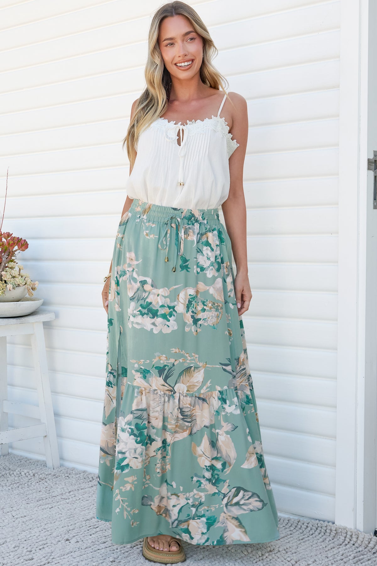 Zia Maxi Skirt - High Waisted Skirt with Tassel Waist Tie and Front Splits in Emerson Print