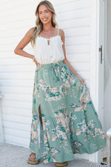 Zia Maxi Skirt - High Waisted Skirt with Tassel Waist Tie and Front Splits in Emerson Print