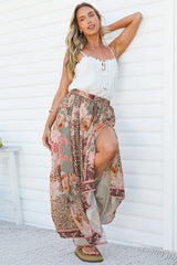 Zia Maxi Skirt - High Waisted Skirt with Tassel Waist Tie and Front Splits in Frannie Print