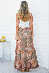 Zia Maxi Skirt - High Waisted Skirt with Tassel Waist Tie and Front Splits in Frannie Print