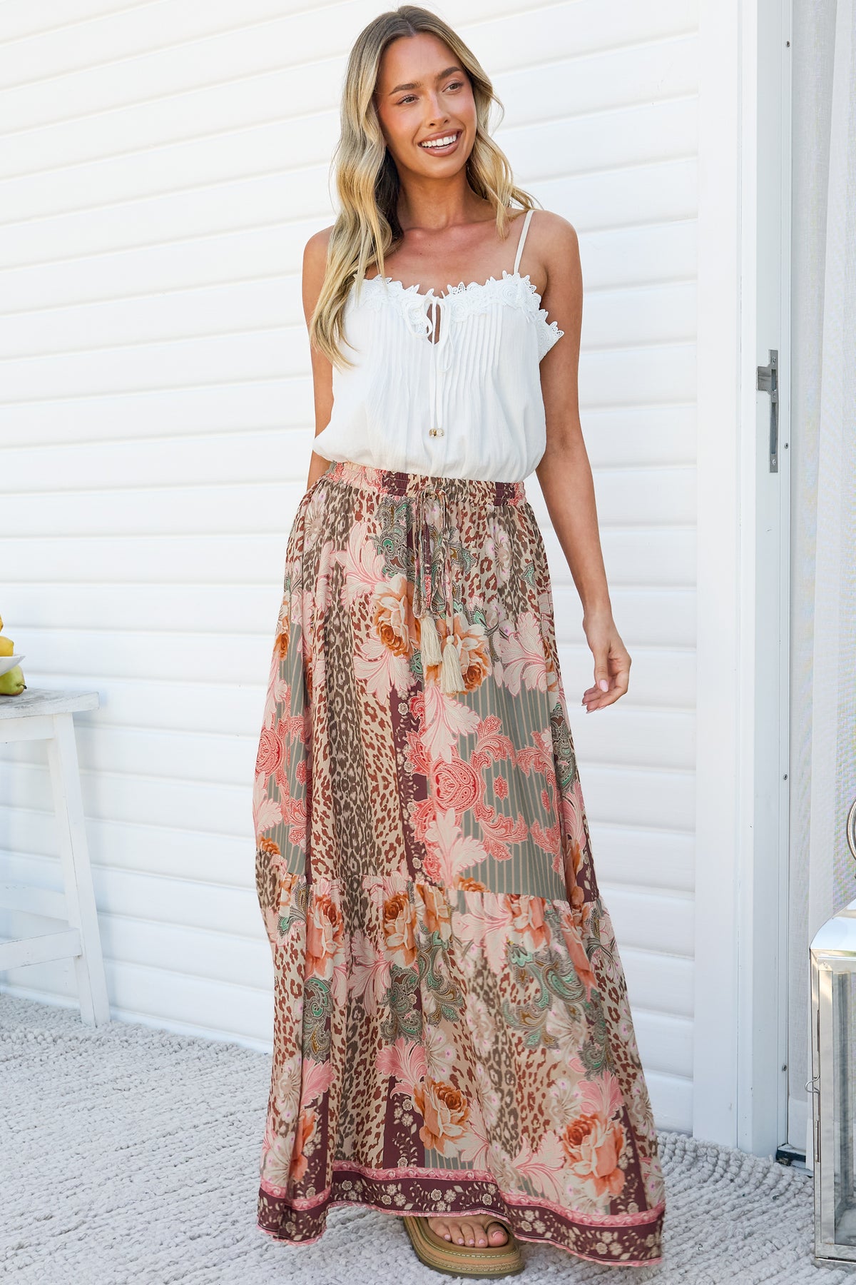 Zia Maxi Skirt - High Waisted Skirt with Tassel Waist Tie and Front Splits in Frannie Print