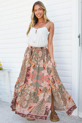 Zia Maxi Skirt - High Waisted Skirt with Tassel Waist Tie and Front Splits in Frannie Print