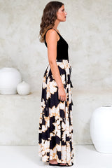 Zia Maxi Skirt - High Waisted Skirt with Tassel Waist Tie and Front Splits in Illaria Print
