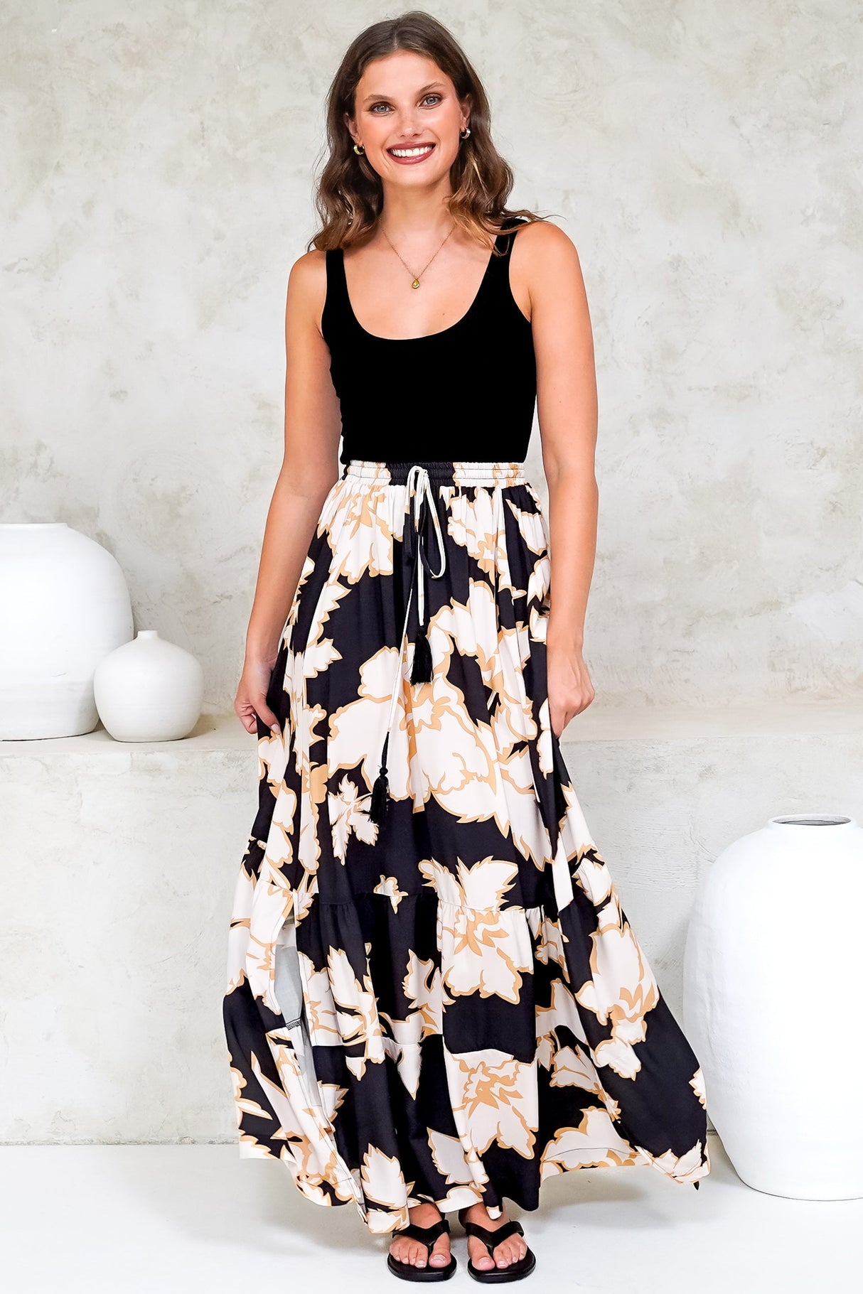 Zia Maxi Skirt - High Waisted Skirt with Tassel Waist Tie and Front Splits in Illaria Print