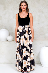 Zia Maxi Skirt - High Waisted Skirt with Tassel Waist Tie and Front Splits in Illaria Print