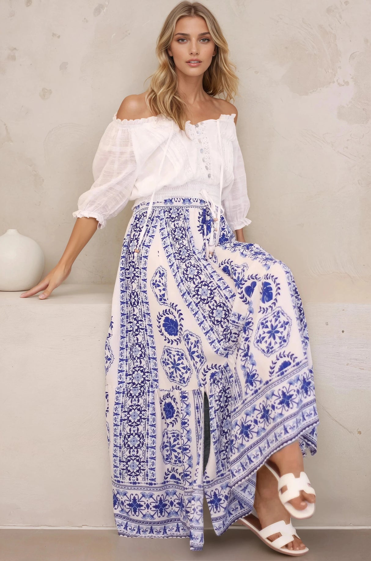 Zia Maxi Skirt - High Waisted Skirt with Front Splits in Kahula Print