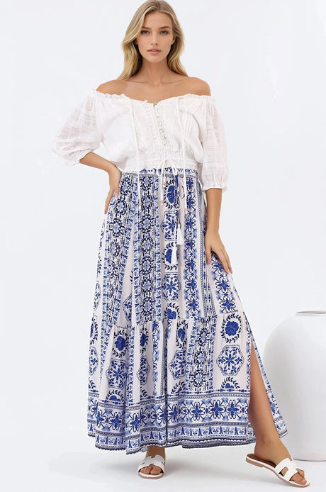 Zia Maxi Skirt - High Waisted Skirt with Front Splits in Kahula Print
