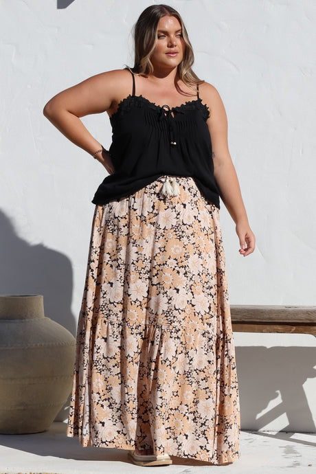 Zia Maxi Skirt - High Waisted Skirt with Tassel Waist Tie and Front Splits in Lyanna Print