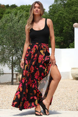 Zia Maxi Skirt - High Waisted Skirt with Tassel Waist Tie and Front Splits in Loraine Print