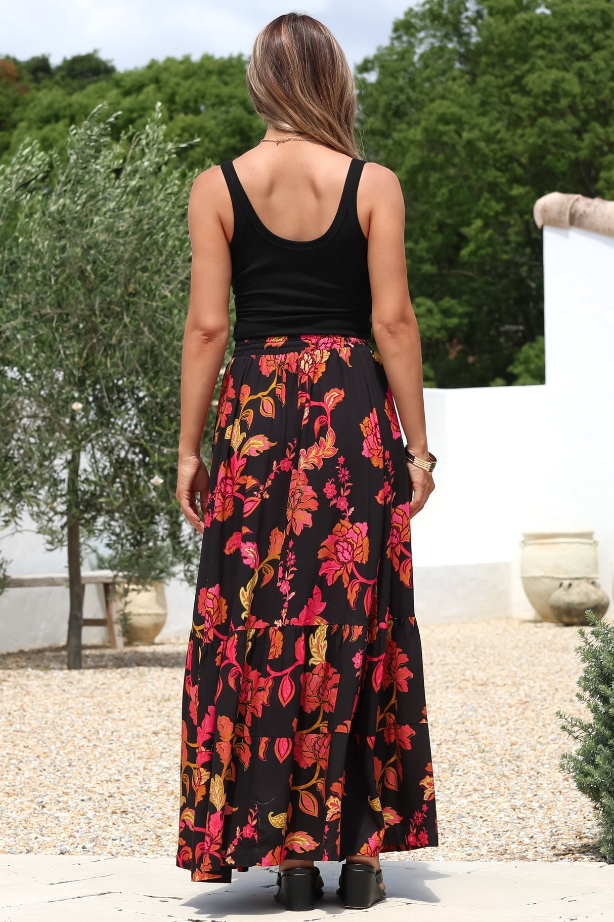 Zia Maxi Skirt - High Waisted Skirt with Tassel Waist Tie and Front Splits in Loraine Print