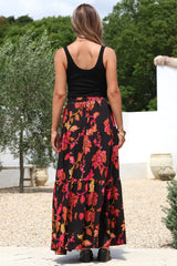 Zia Maxi Skirt - High Waisted Skirt with Tassel Waist Tie and Front Splits in Loraine Print