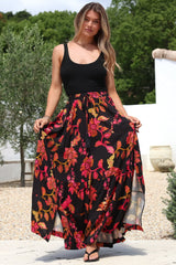 Zia Maxi Skirt - High Waisted Skirt with Tassel Waist Tie and Front Splits in Loraine Print