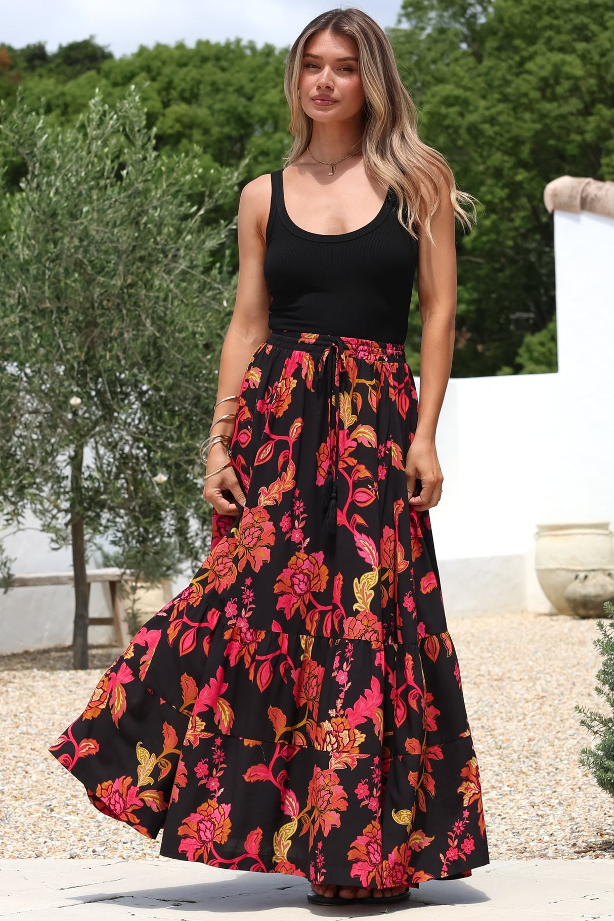Zia Maxi Skirt - High Waisted Skirt with Tassel Waist Tie and Front Splits in Loraine Print