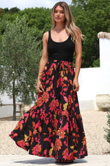 Zia Maxi Skirt - High Waisted Skirt with Tassel Waist Tie and Front Splits in Loraine Print