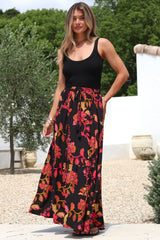 Zia Maxi Skirt - High Waisted Skirt with Tassel Waist Tie and Front Splits in Loraine Print