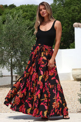 Zia Maxi Skirt - High Waisted Skirt with Tassel Waist Tie and Front Splits in Loraine Print