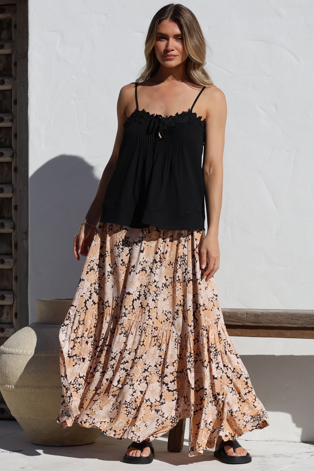 Zia Maxi Skirt - High Waisted Skirt with Tassel Waist Tie and Front Splits in Lyanna Print