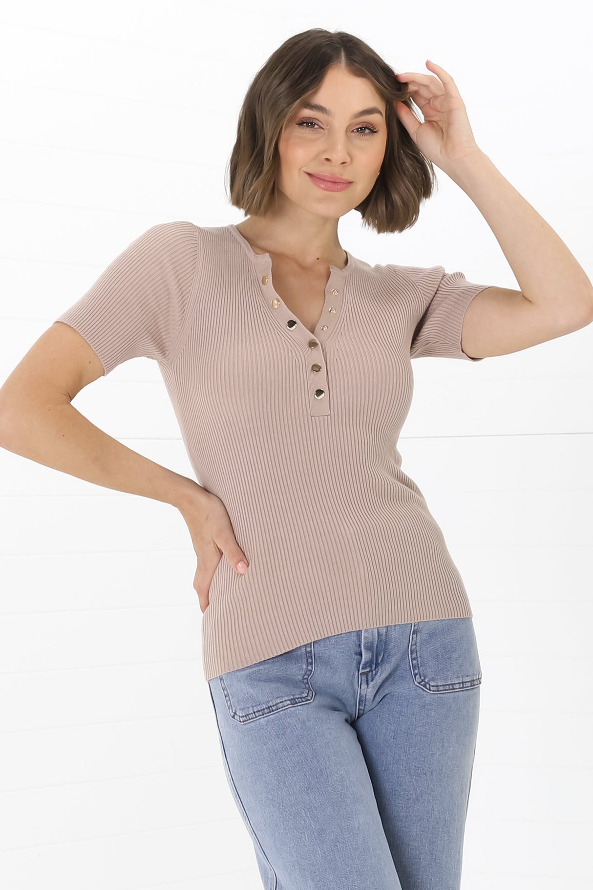 Zian Knit Top - Gold Button Neckline Ribbed Knit Top in Beige