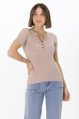 Zian Knit Top - Gold Button Neckline Ribbed Knit Top in Beige