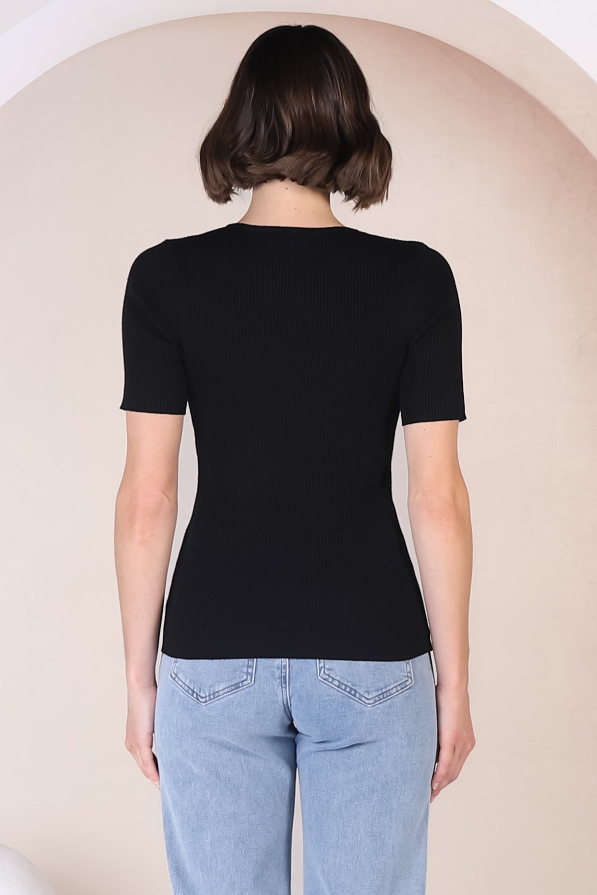 Zian Knit Top - Gold Button Neckline Ribbed Knit Top in Black