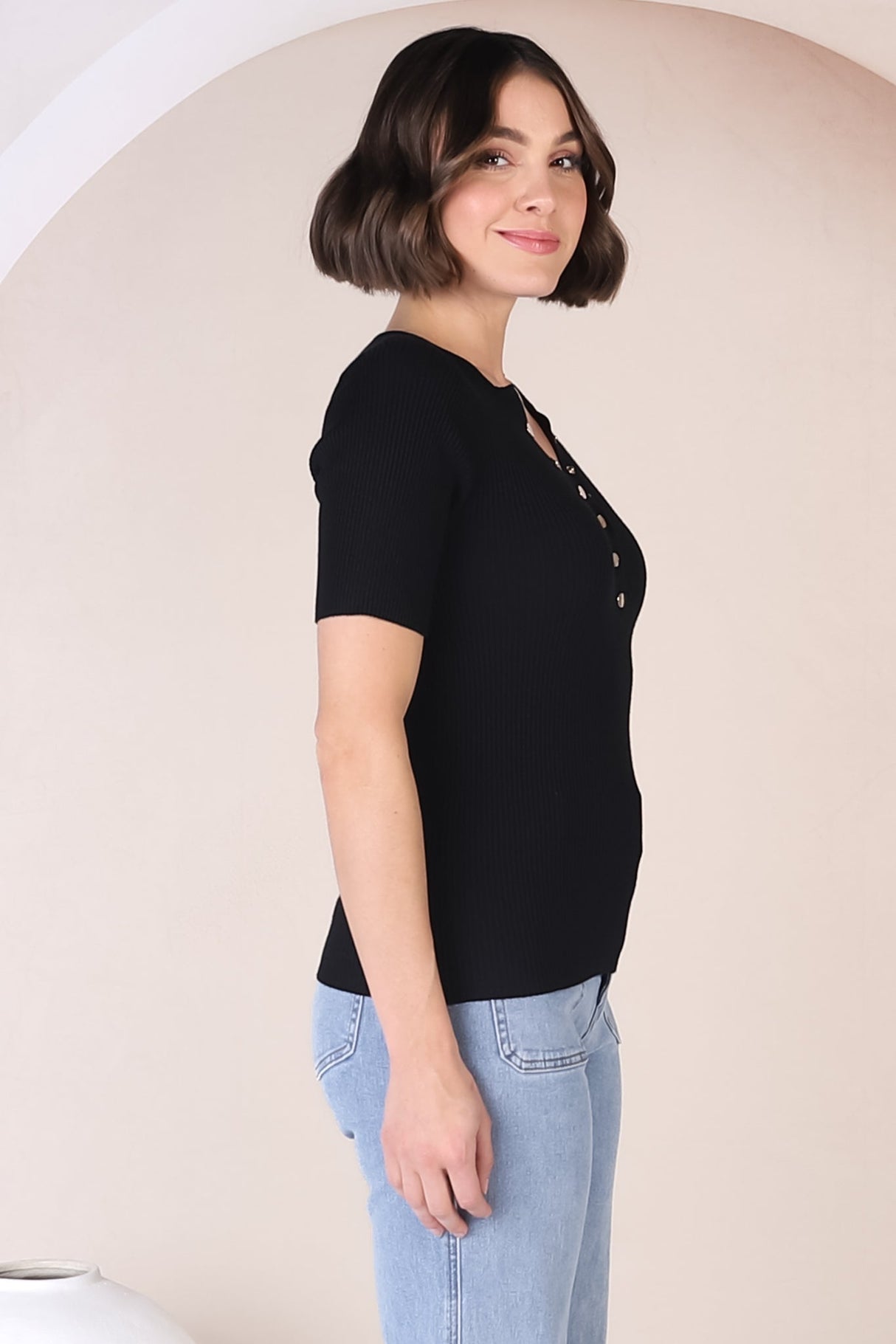 Zian Knit Top - Gold Button Neckline Ribbed Knit Top in Black