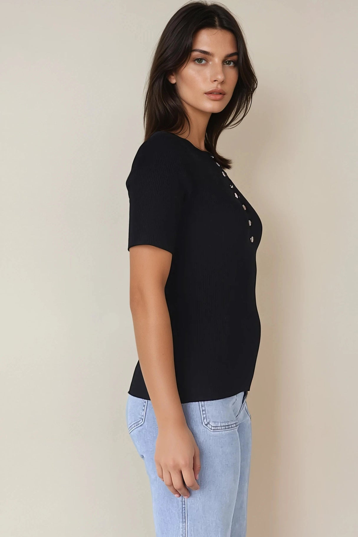 Zian Knit Top - Gold Button Neckline Ribbed Knit Top in Black