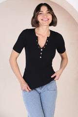 Zian Knit Top - Gold Button Neckline Ribbed Knit Top in Black