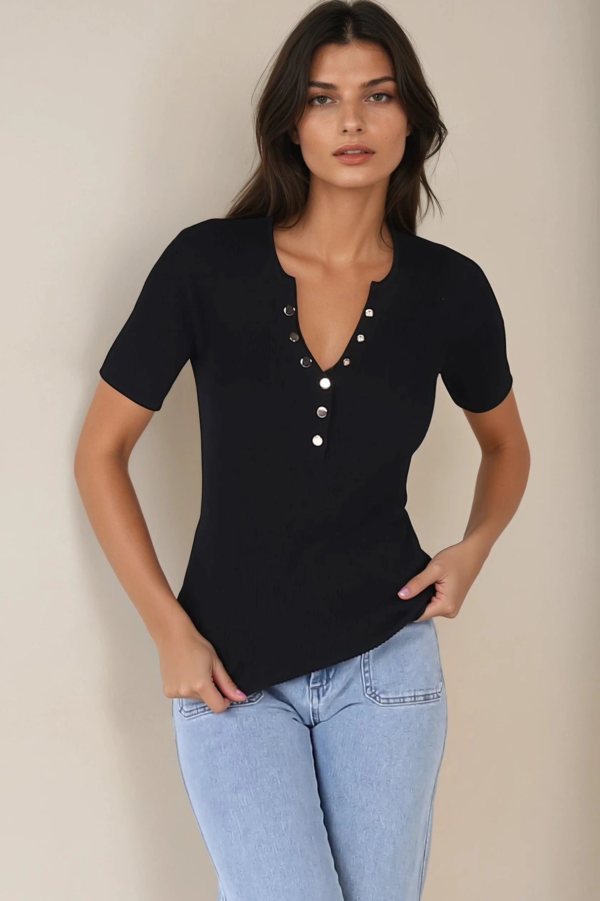 Zian Knit Top - Gold Button Neckline Ribbed Knit Top in Black