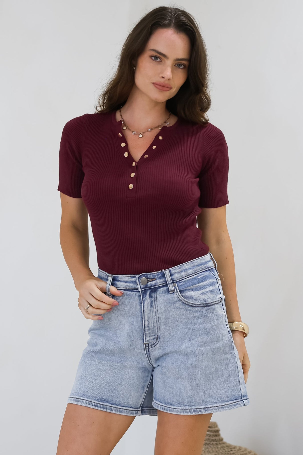 Zian Knit Top - Gold Button Neckline Ribbed Knit Top in Burgundy