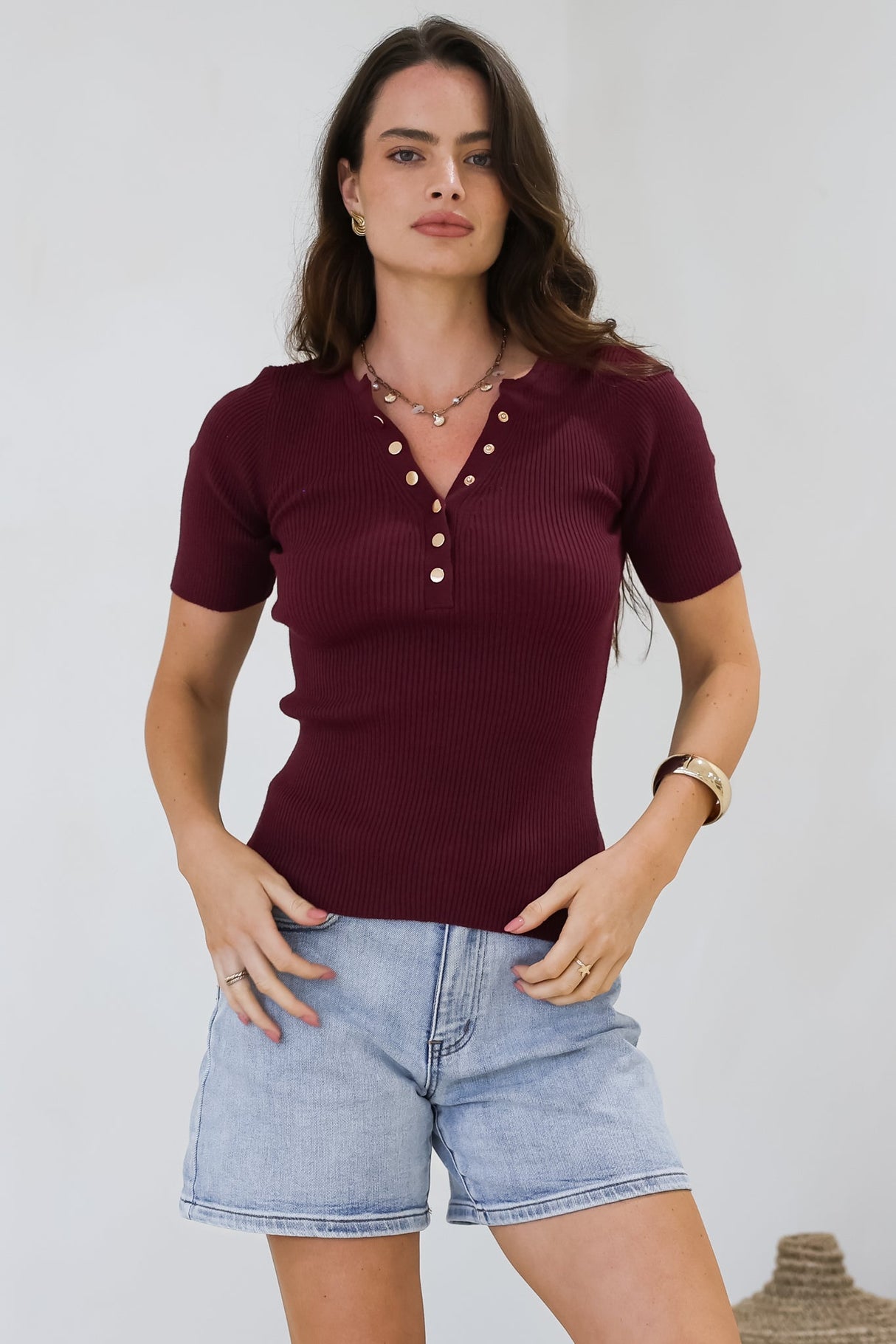 Zian Knit Top - Gold Button Neckline Ribbed Knit Top in Burgundy