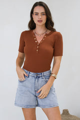 Zian Knit Top - Gold Button Neckline Ribbed Knit Top in Rust