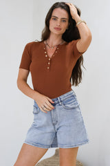 Zian Knit Top - Gold Button Neckline Ribbed Knit Top in Rust