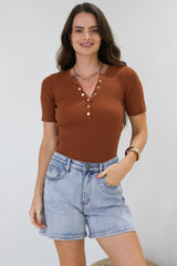 Zian Knit Top - Gold Button Neckline Ribbed Knit Top in Rust
