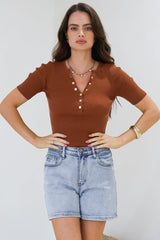Zian Knit Top - Gold Button Neckline Ribbed Knit Top in Rust
