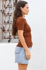 Zian Knit Top - Gold Button Neckline Ribbed Knit Top in Rust