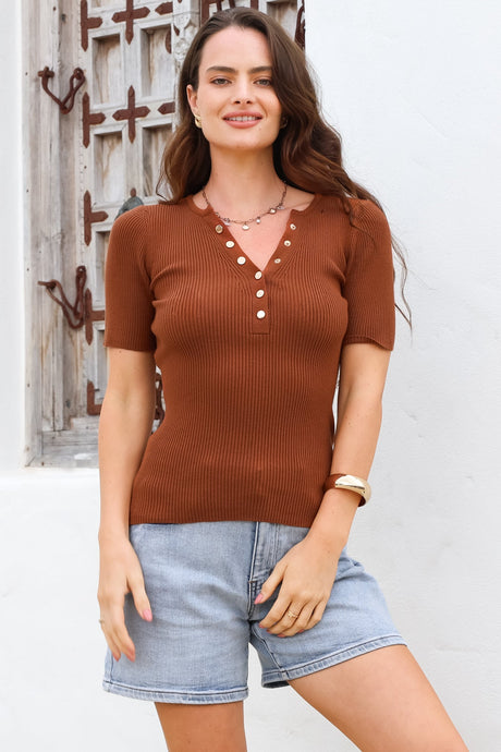 Zian Knit Top - Gold Button Neckline Ribbed Knit Top in Rust