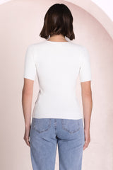 Zian Knit Top - Gold Button Neckline Ribbed Knit Top in White