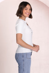 Zian Knit Top - Gold Button Neckline Ribbed Knit Top in White