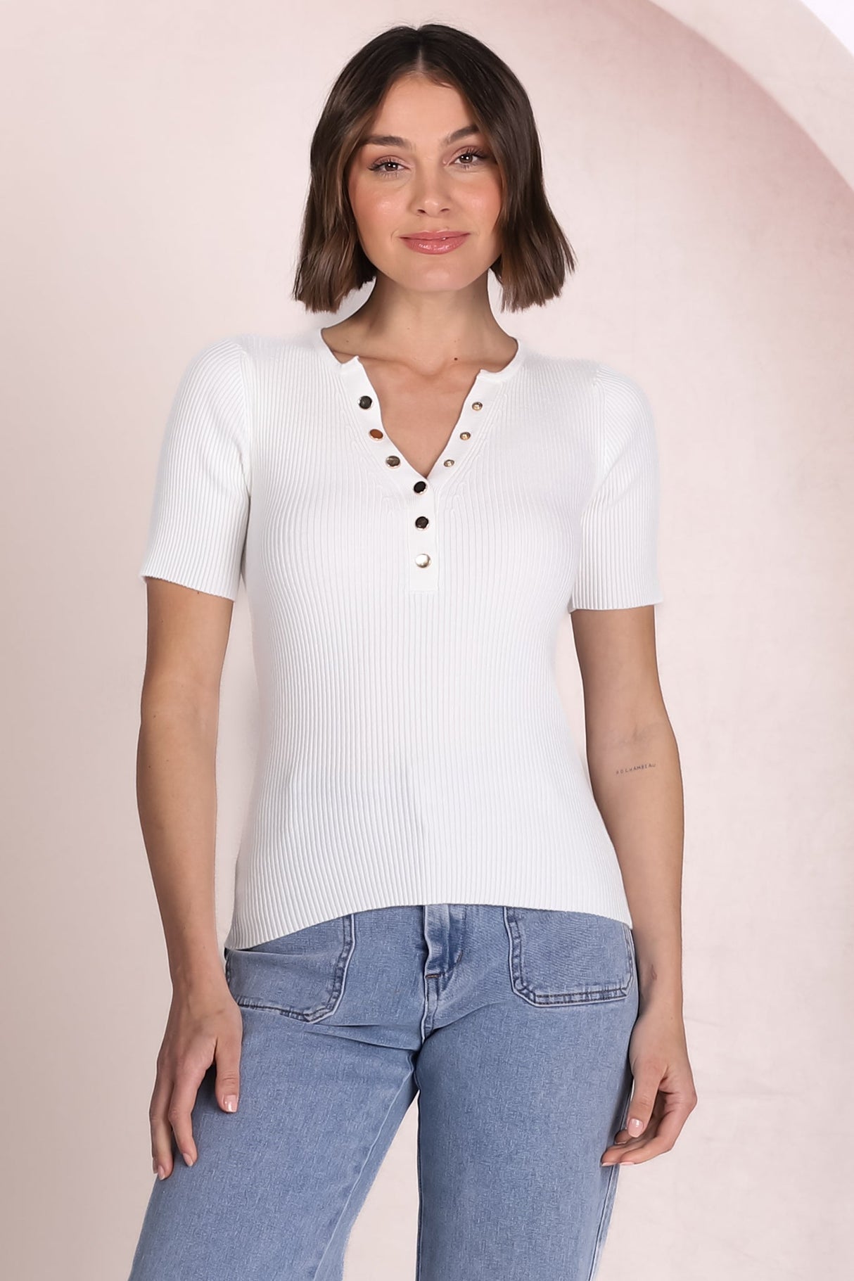 Zian Knit Top - Gold Button Neckline Ribbed Knit Top in White