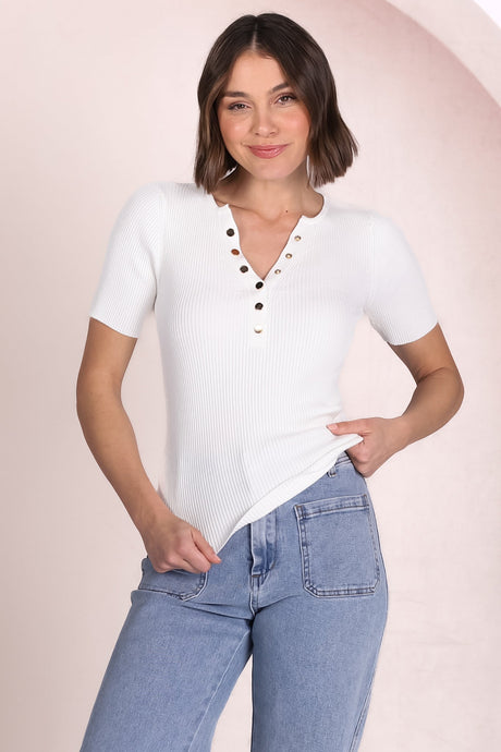 Zian Knit Top - Gold Button Neckline Ribbed Knit Top in White