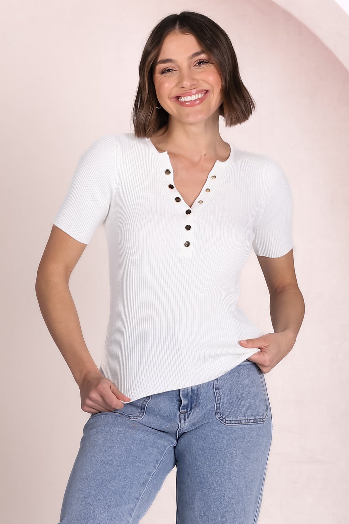 Zian Knit Top - Gold Button Neckline Ribbed Knit Top in White