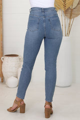 Ziggy Jeans - High Waisted Whiskers Detailed Jeans in Mid Wash Blue