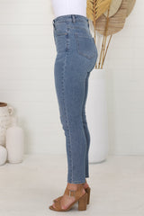 Ziggy Jeans - High Waisted Whiskers Detailed Jeans in Mid Wash Blue