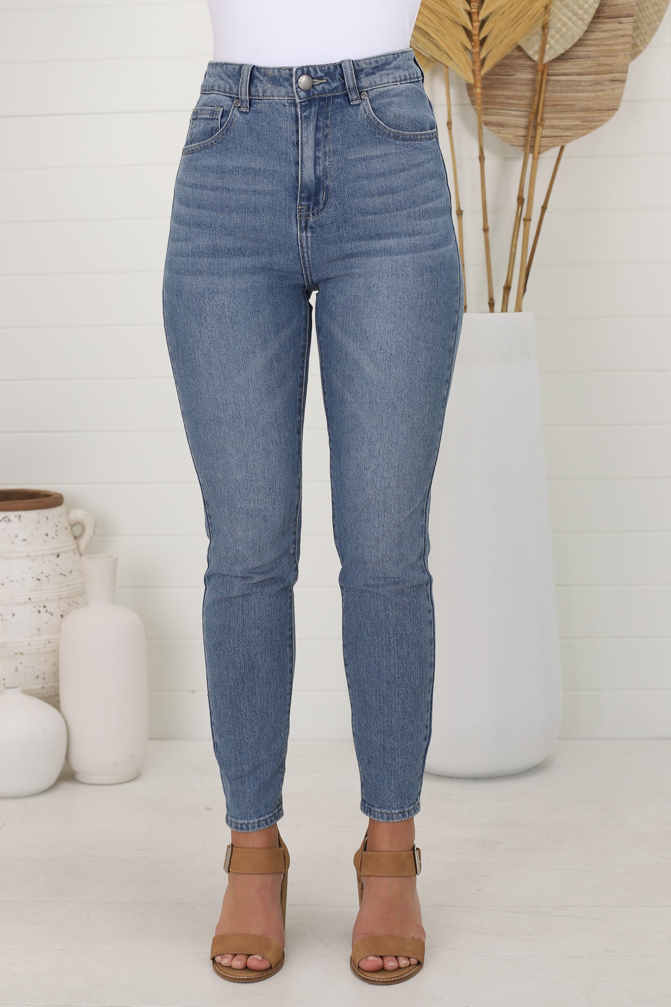 Ziggy Jeans - High Waisted Whiskers Detailed Jeans in Mid Wash Blue