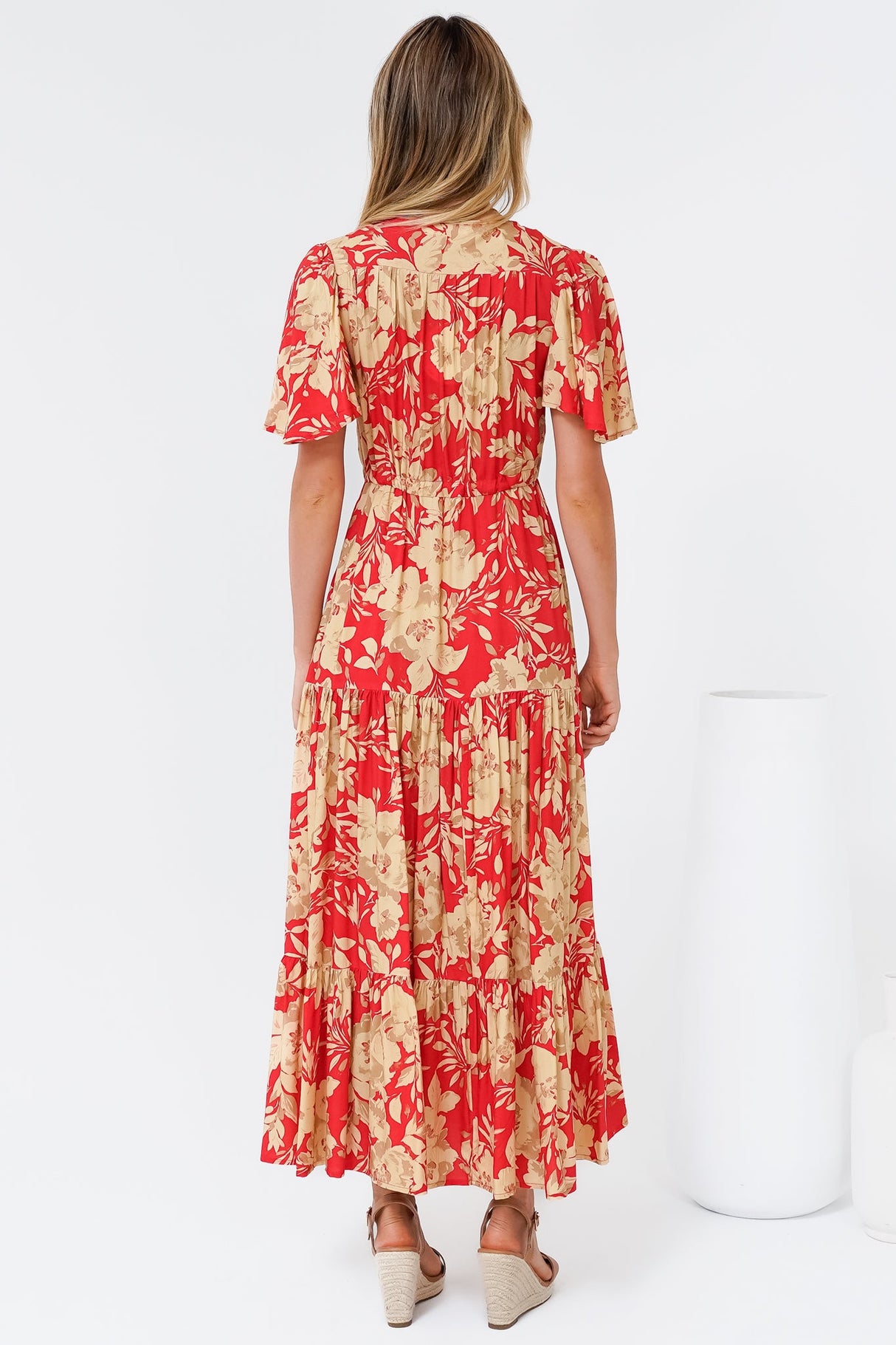 Ziggy Maxi Dress - Cap Sleeve Tiered Dress with Pull Tie Waist in Chianti Print Red